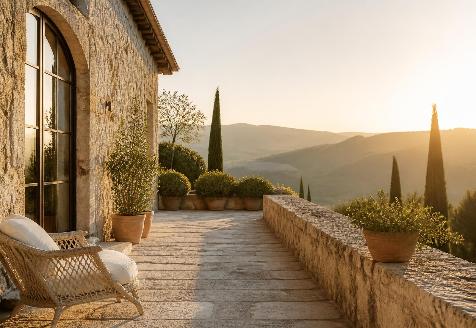 Terrazza in pietra di un casale toscano al tramonto, con vasi in terracotta, cipressi e vista sulle colline